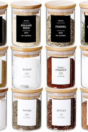 12 Pcs Glass Spice Jars With 296 Spice Labels Preprinted of White and Black Color- 6oz Thicken(2.4mm) Spice Containers With Bamboo Airtight Lids - Empty Small Herb Seasoning Jars
