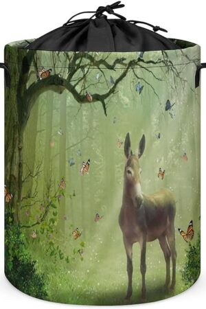 Brebasf Fantasy Wildlife Donkey Freestanding Waterproof Laundry Basket, Funny Fairy Tale Forest Animals Donkey Butterfly Print Freestanding Waterproof Laundry Basket 13.8"W x 17.3"H