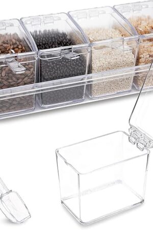 Clear Seasoning Box, 4 Pieces Seasoning Rack Spice Pots, Storage Container Condiment Jars Acrylic Seasoning Box with Covers and Spoons for Spice, Sugar, Salt, Sugar, Cardamon, Cinnamon