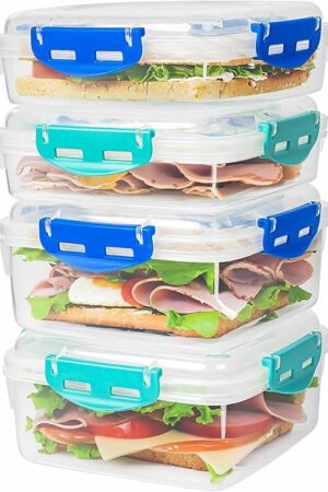4 PCS Sandwich Containers - 100% Airtight & BPA-Free & Microwave & Dishwasher Safe Kitchen Storage Containers with Upgraded Snaps, 2 heightened Containers for Lunch Boxes and 2 normal version