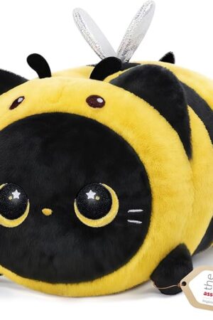 Cute Black Cat Bee Plush Pillow, Kawaii Plushies Bee Stuffed Toy, Kitten Plushies with Honeybee Outfit Costume, Soft Squishy Bee Gift for Girls & Kids (8 Inch)