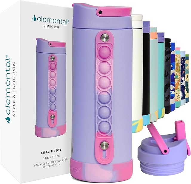Elemental Iconic Stainless Steel Kids Water Bottle with Straw Lid, 14oz, Lilac Tie Dye