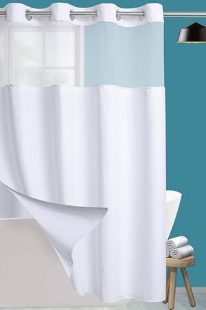 Conbo Mio No Hook Waffle Weave Shower Curtain with Snap in Liner Set, Hotel Luxury White Shower Curtains for Bathroom with See Through Top Window, Waterproof, Washable 71W x 74H