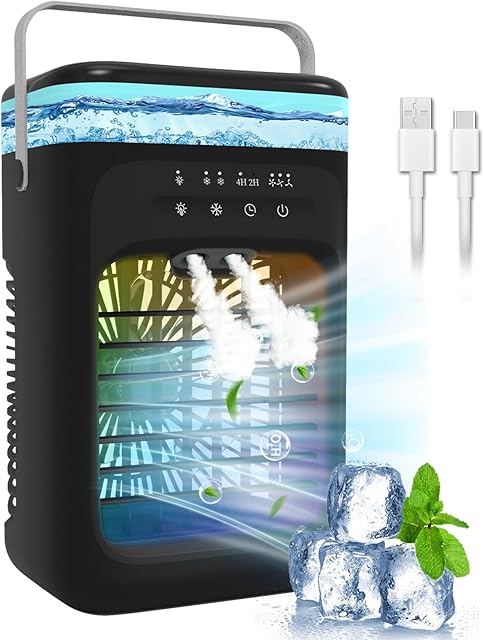 Portable Air Conditioner, 2025 Upgrade Evaporative Mini Portable AC Unit with 3 Adjustable Speed 2-4H Timer & 7-Color LED, Compact Cooling Fan for Bedroom, Home, Office, Small Rooms