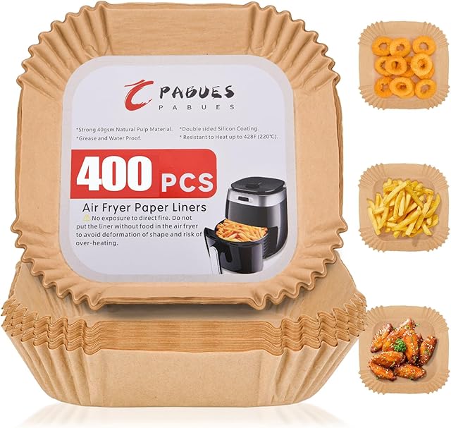 Air Fryer Paper Liners 7.9inch, 400PCS Non-Stick Parchment Paper,Oil Resistant,Disposable Food Grade Free of Bleach Paper Square for 5-8 QT Air Fryer Baking Roasting Microwave