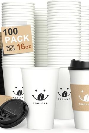 Coffee Cups with Lids and Sleeves, 16 Ounce 100 pack To Go Coffee Cups with Lids, Hot Coffee Paper Cups Bulk for Hot Beverage (16 Ounce, White)