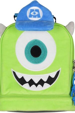 Disney Monsters Inc Lunch Box Mike Wazowski Plush Fuzzy Embroidered Face 3D Ears and Hat Insulated Lunch Bag Tote For Hot And Cold Food