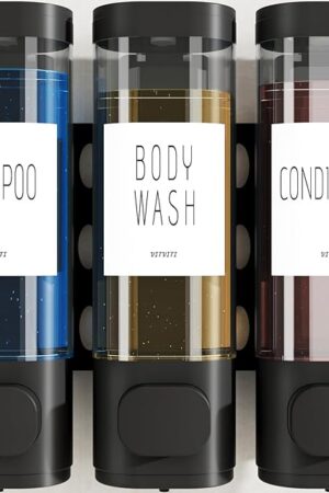 VITVITI Shampoo and Conditioner Dispenser for Shower Wall, Shower Soap Dispenser 3 Chamber No Drill Wall Mounted, 10.2 OZ Plastic Refillable Shower/Body Wash Bottles for Bathroom (Black)
