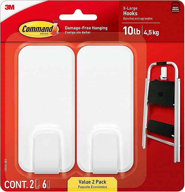 Command 10 lb XL Heavyweight Hook, 2 Wall Hooks and 6 Command Strips, Damage-Free Hanging with Adhesive, Heavy Duty Hanging Great for Organization and Storage