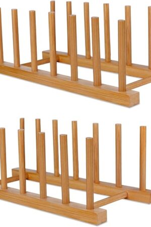 Bamboo Wooden Dish Racks Plate Stand Holder Vertical Drainer Kitchen Cabinet Organizer for Dish, Pots, Lids, Bowls, Cups, and Cutting Boards and Books(2 Packs)
