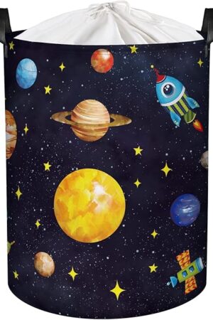 Clastyle 63L Mysterious Universe Space Kids Laundry Hamper Large Collapsible Dirty Clothes Laundry Basket for Boy Black Toys Planets Storage Basket with Lid, 15.7x19.7 in