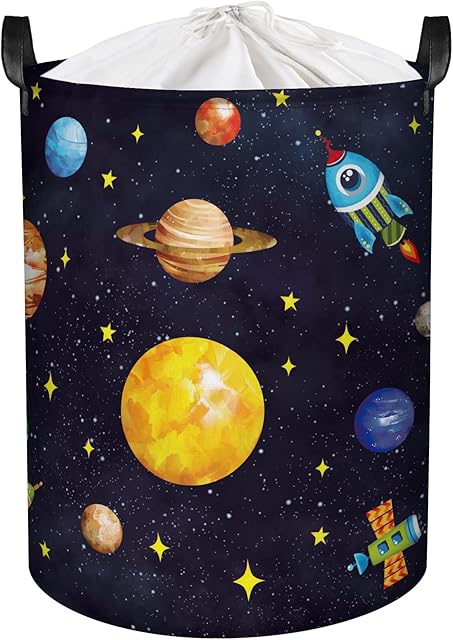 Clastyle 63L Mysterious Universe Space Kids Laundry Hamper Large Collapsible Dirty Clothes Laundry Basket for Boy Black Toys Planets Storage Basket with Lid, 15.7x19.7 in