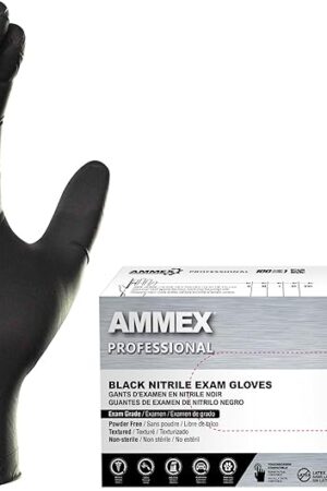 AMMEX Black Nitrile Disposable Exam Gloves, 3 Mil, Latex & Powder Free, Food-Safe, Textured, Non-Sterile, Medium, Box of 100