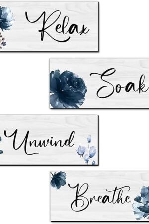 4 Pieces Rustic Farmhouse Bathroom Wall Decor - Relax Soak Unwind Breathe Wood Hanging Sign for Home Spa and Laundry