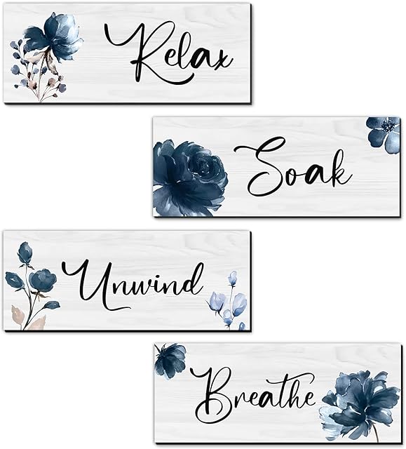 4 Pieces Rustic Farmhouse Bathroom Wall Decor - Relax Soak Unwind Breathe Wood Hanging Sign for Home Spa and Laundry