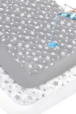 Crib Mattress Protector Waterproof 2 Pack, Quilted Crib Mattress Pad Cover 52" x 28" Extra Soft Breathable Toddler Bed Cover Stretch Up to 8", Grey & White Star