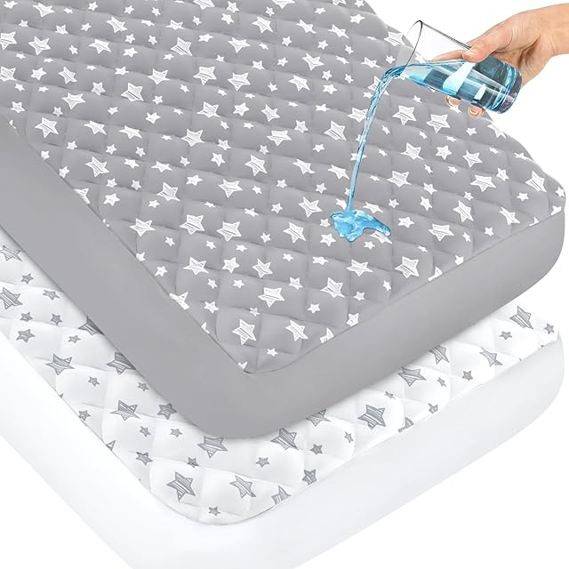 Crib Mattress Protector Waterproof 2 Pack, Quilted Crib Mattress Pad Cover 52" x 28" Extra Soft Breathable Toddler Bed Cover Stretch Up to 8", Grey & White Star