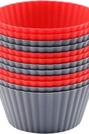 12 Pack Reusable Nonstick Jumbo Silicone Baking Cups, Cupcake and Muffin Liners, 3.8 Inch Large Size, Red and Gray Colors, Round