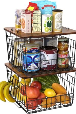 Delamu 2 Pack Stackable Wire Basket with Wood Top, Pantry Organizer and Storage, Potato Basket Onion Storage for Kitchen Counter, Onion Fruits Spice Organizer for Cabinet Shelf Countertop Floor