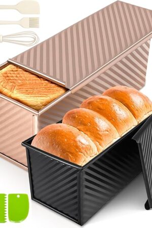 2Pack Pullman Loaf Pans with Lids – 2.2 LB & 1 LB Dough Capacity, Non-Stick Carbon Steel Bread Pans for Homemade Sandwich and Sourdough Bread, Corrugated Toast Mold