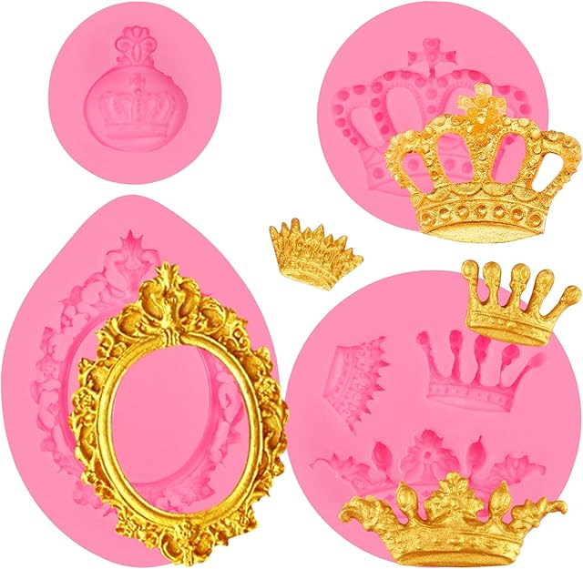 DIY Handcraft Silicone Crown Fondant Candy Molds 4 Pcs, Crown Silicone Mold for Vintage Frame Fondant Mold Cake Decoration Sugar Cupcake Topper Resin Polymer Clay Crafts Jewelry