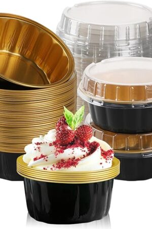 100 Pcs 8 oz Aluminum Foil Cup with Lids Disposable Ramekins with Lids Disposable Ramekin Baking Cups Foil Cupcake Containers for Wedding, Christmas, Kitchen, Party (Black, Gold, 8 oz)