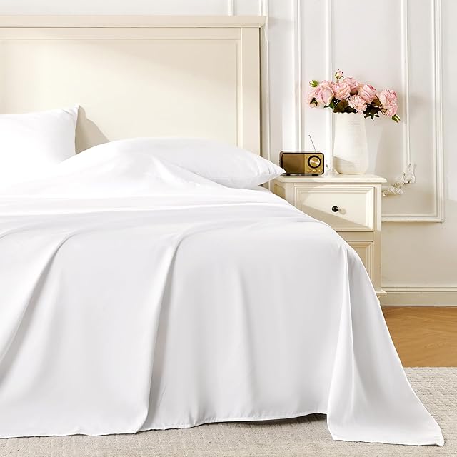 White Queen Sheet Set, 4 Pieces Soft Bedding Queen Sheet Set, Breathable and Cooling Sheets, Deep Pocket with 1 Fitted, 1 Flat, 2 Pillow Cases (White, Queen Size)