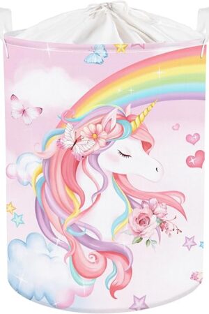 Clastyle Large Rainbow Unicorn Kid Laundry Hamper for Girl Collapsible Pink Flower Clothes Toy Storage Basket with Lid for Nursery