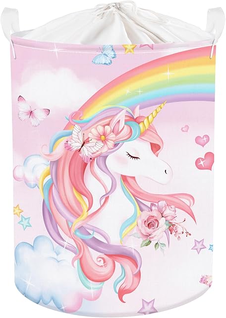 Clastyle Large Rainbow Unicorn Kid Laundry Hamper for Girl Collapsible Pink Flower Clothes Toy Storage Basket with Lid for Nursery