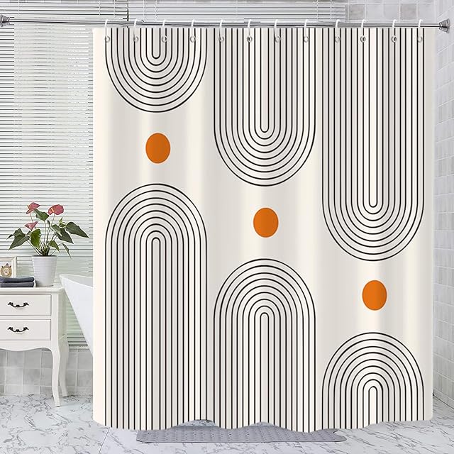 Boho Mid Century Shower Curtain, Minimalist Abstract Arch Simple Sun Modern Machine Washable Waterproof Fabric for Bathroom Decor Bathtub with 12 Hooks 72x72
