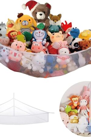 X-Large Stuffed Animal Net Hammock Corner (Min 3โ6? Right-angled Corner Space Each Side) Toy Organizer for Plushies Hanging Holder for Organizing your Teddy and Squishmallow (White, X-Large)