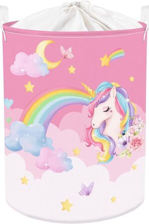 Clastyle 63L Unicorn Rainbow Collapsible Laundry Basket Large Pink Dirty Clothes Hamper for Girl Moon Star Flower Toy Storage Basket with Lid, 15.7x19.7 in