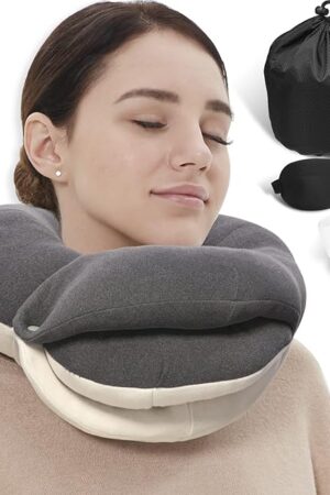 BUYUE Travel Neck Pillows for Airplanes, 360° Head Support Sleep for Long Flight, Skin-Friendly & Breathable, Kit with 3D Contoured Eye Mask, Earplugs and Storage Bag (Adult, Grey, 90+ lbs)