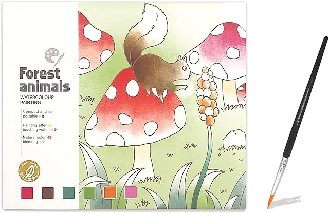 The ZAKVOOR Watercolor Painting Book for Kids and Toddlers Ages 4-8, Pocket Cartoon Watercolor Paper Book with Paint Palette and Brush, Art Craft Gift for Drawing (Forest Animal)