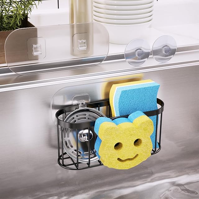 Consumest Sponge Holder Smiley Face - Kitchen Sink Caddy, Sink Organizer with Removable Suction Cups & Adhesive Strips, Suit for Sponge, Soap, Black