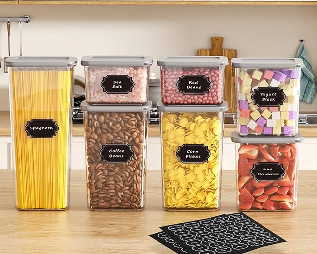 Airtight Food Storage Containers With Lids 7pcs Organization Canisters Kitchen Bpa Free Plastic Pantry Containers Storage Set for Pasta, Cereal, Dry Food, Flour and Sugar-60 Labels