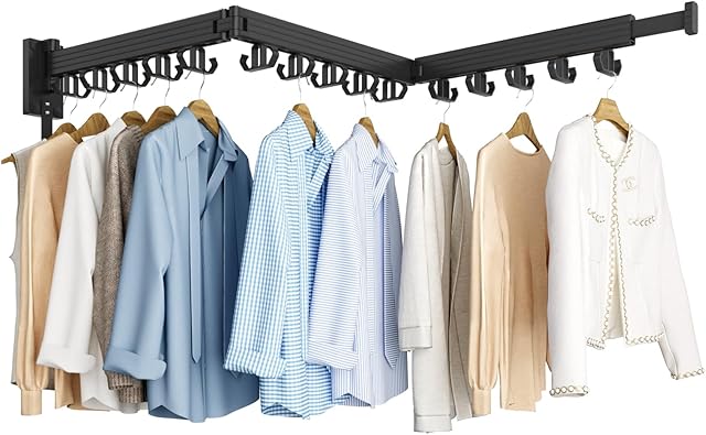 Clothes Drying Rack, Wall Mounted Laundry Drying Rack, Upgrade 3-Fold Foldable Collapsible Retractable Clothing Drying Rack with 12 Dual Hooks Organization for Laundry Room Indoor- Black