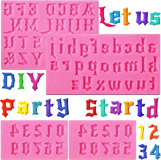 4 Packs Gothic Letters and Numbers Molds Silicon Number 0-9 3D Chocolate Fondant Molds for Cake Topper Jewelry Decoration