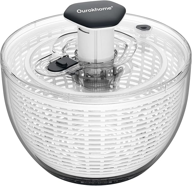 Ourokhome Salad Spinner Lettuce Dryer, One-handed Easy Press Large Vegetable Dryer Salad Mixer with Comfortable and Retractable Pusher and Brake Button for Greens, Herb, Berry, Fruits, 6.3 QT, Black