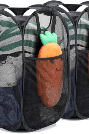 2 Pcs Strong Mesh Pop-up Laundry Hamper, Quality Pop Up Hampers for Laundry with Durable Handles Solid Bottom High Carbon Steel Frame, Easy to Open and Fold Flat for Storage(Black)