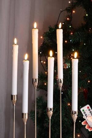 White Dripping Wax Flameless Taper Candles with Remote, Flickering Halloween LED Candlesticks Battery Operated Set of 6