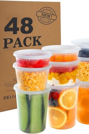48Sets Deli Containers with Lids (8oz, 16oz, 32oz Each), Food Srorage Containers with Lids Airtight, Disposable Soup Containers with Lids, Microwave/ Freezer/ Dishwasher Safe, Leakproof, BPA Free