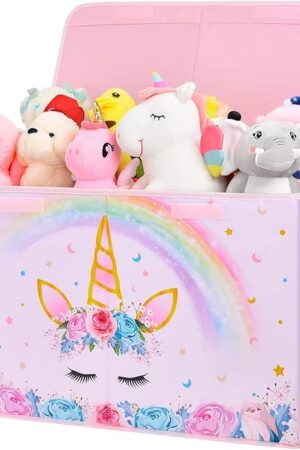 WERNNSAI Unicorn Toy Box - Collapsible Oxford Storage Bin with Handles 25" x 13" x 16" Toys Clothes Books Chest Organizer Cube with Flip-top Lid for Girls Kids Bedroom Nursery Living Room