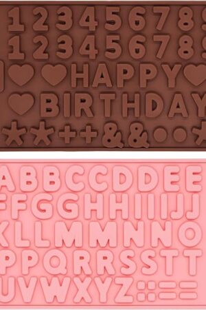 2 Pieces Letters Numbers Chocolate Mould Set Silicone Happy Birthday Symbols Moulds Silicone Chocolate Molds for Birthday Cake Decoration Baking DIY