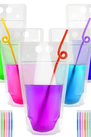 44 Drink Pouches with Straws Individually-Wrapped - 17oz Juice Drink Pouches Adults Alcohol Clear Plastic Halloween Blood Bag Reusable Cocktail Liquor Liquid Smoothie Party Hot Weather Cooling