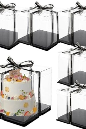 6 Pack Clear Cake Box with Ribbon, Tall Cake Carrier for 2-Layer Cake Holder, 10x10x9 inches Transparent Gift Boxes for Pastries with Lid and Black Board, Display Wedding Gift Packaging