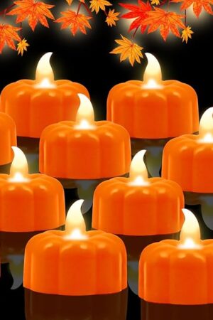 12 Pack Pumpkin Tea Lights Fall Decorations, LED Orange Pumpkin Lights FlameLess Candles Battery Operated Halloween Pumpkins Flickering Candles for Thanksgiving Table Home Party Decor