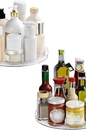 2 Pack Lazy Susan Organizer Turntable, Clear 9 Inch Rotating Organizer Tray for Cabinet Table Top, Round Non-Skid Refrigerator Lazy Susan, Kitchen Storage for Pantry Countertop Bathroom, Spice Rack