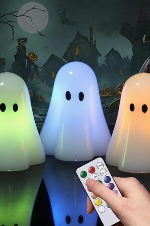 Wondise Halloween Flameless Candles Color Changing with Remote Timer, Real Wax Battery Operated Flickering Halloween Spooky Ghost Candles for Halloween Decoration Gift （D 3" x H 3.5"）