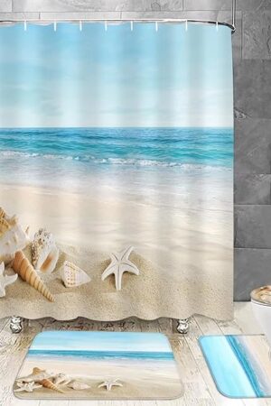 Chrainy 4Pcs Summer Beach Shower Curtain Sets Sea Ocean Bathroom Set Decor with Non-Slip Rugs Bath U-Shaped Mat Toilet Lid Cover Waterproof Starfish Shell Bathroom Curtain Shower Set with 12 Hooks